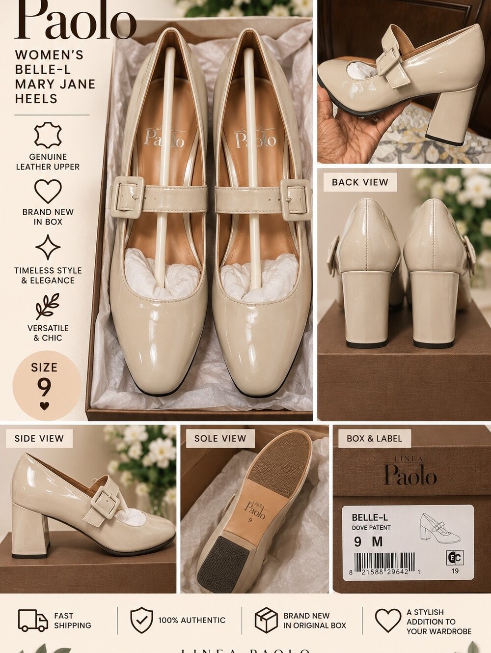 Linea Paolo  Beige Patent Leather Mary Jane Heels with Buckle